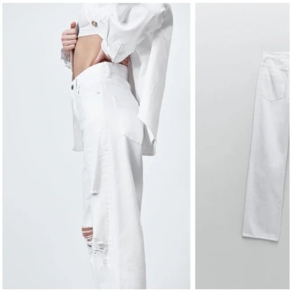 NWT Zara White Wide Leg Full Length Ripped Jeans SZ 8 Super High Rise Distressed - Picture 6 of 12